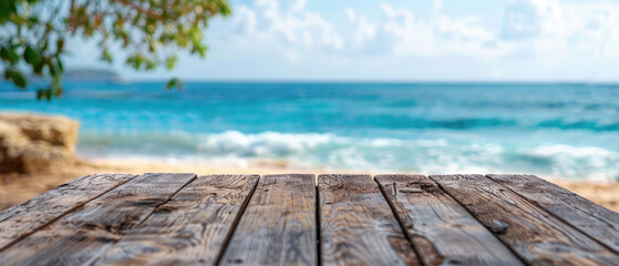 front view of empty raw wooden plank old table with blurred horizon ocean beach and cloudy blue sky background created with Generative AI Technology