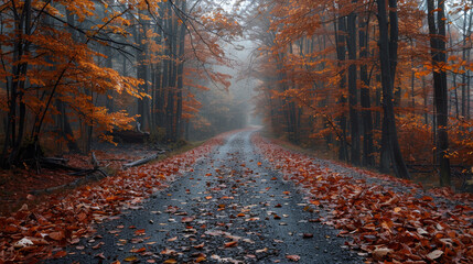 Misty autumnal forest path with fallen leaves and a hazy atmosphere.	