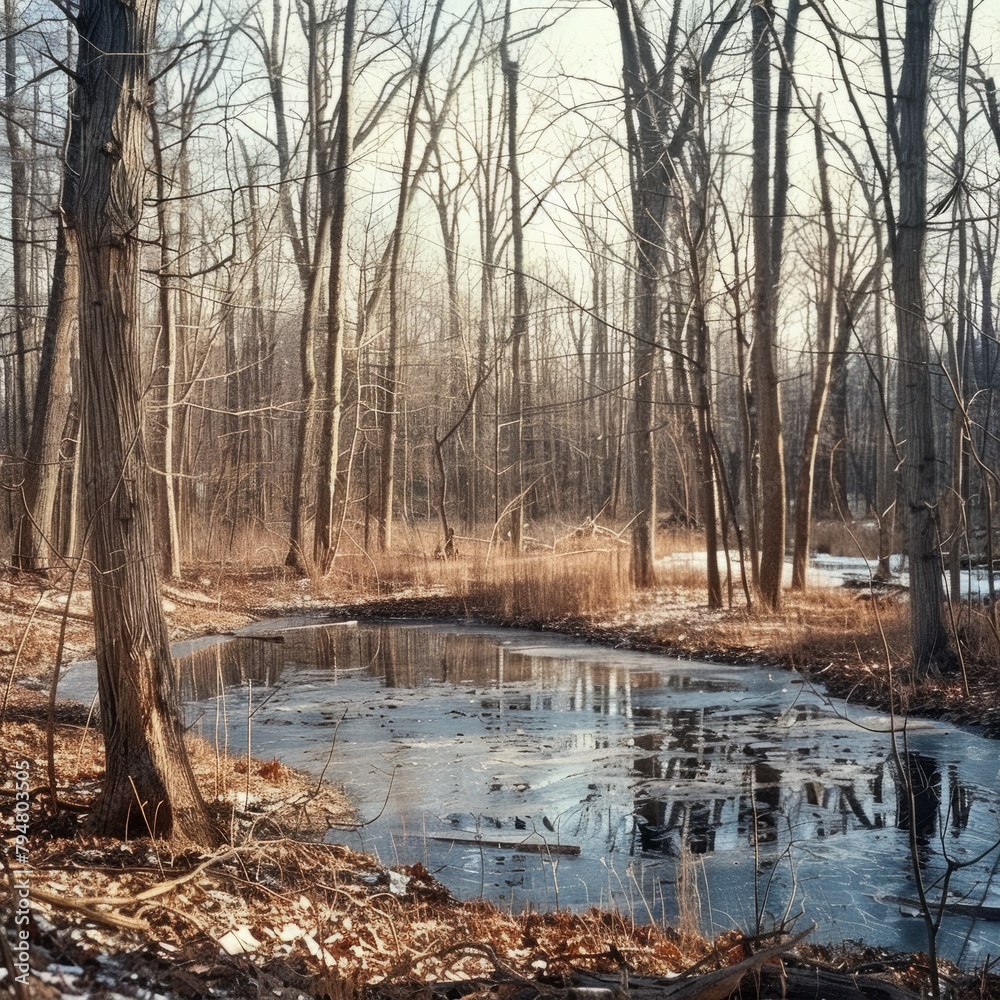 Sticker A majestic scene of leafless hardwood trees standing guard around a small, ice-covered pond in a quiet forest clearing. 