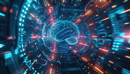 A colorful, abstract image of a cityscape with a blue sky and orange by AI generated image