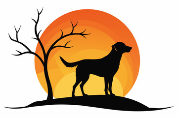dog Silhouette on Sunset Branch Vector Illustration for Wall Art & Posters white background