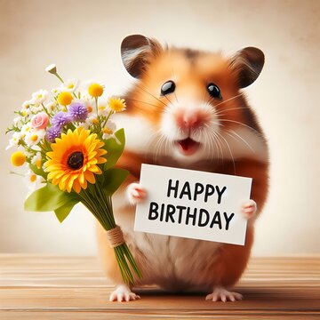 Happy Birthday. Ein süßer Hamster mit Blümchen wünscht dir alles Gute zum Geburtstag.