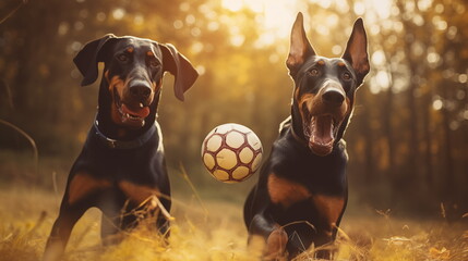 Two doberman dogs playing ball : Pet. AI Generative. - obrazy, fototapety, plakaty