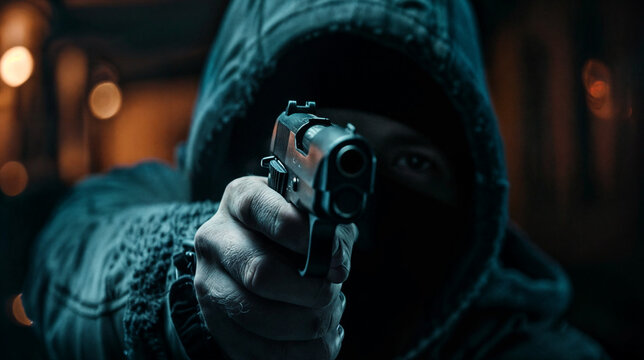 A male robber is holding a gun pointed at the camera. The criminal's face is hidden. Robbery, crime, violence. Masked man
