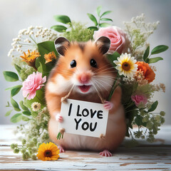 Ich liebe Dich - I love you. Ein lustiger Hamster steht mit Blumen und bekundet seine Liebe zu dir.
