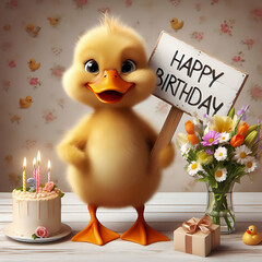 Happy Birthday. Ein s&uuml;&szlig;es Entchen gratuliert herzlich zum Geburtstag.