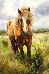 
Illustration of a rescued horse grazing in the pasture of the equine sanctuary, a caretaker grooming its mane with gentle strokes