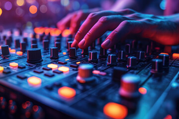 male hands of DJ mixes on a DJ console mixer at night club in party closeup