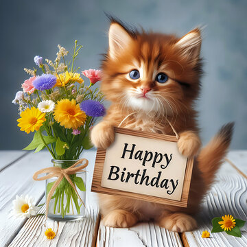 Happy Birthday. Ein s&uuml;&szlig;es K&auml;tzchen w&uuml;nscht alles Gute zum Geburtstag.