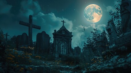 Ethereal full moon over solemn graveyard - The full moon's ethereal light bathes an old graveyard creating a surreal and somber atmosphere, highlighting the transience of life and the unknown
