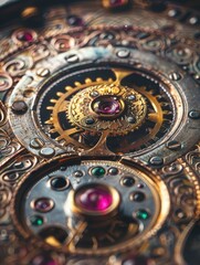 Detailed view of vintage watch internals - The image showcases the detailed craftsmanship of an old-fashioned watch movement with its ornate gears and jewels