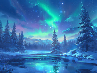 A beautiful blue sky with a bright aurora borealis in the background. The mountains in the distance are covered in snow and the trees are bare