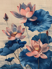 Stylized Lotus Flowers On Vintage Fabric - Traditional lotus flowers artwork with a modern twist depicted on a vintage-looking fabric background