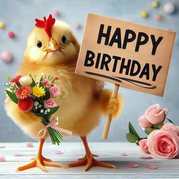 Happy Birthday. Ein K&uuml;ken mit Blumen w&uuml;nscht alles Gute zum Geburtstag.