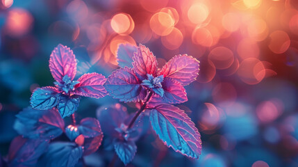 Close-up of purple leaves with a vivid, glowing bokeh effect in the background.	