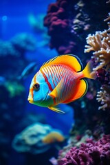 Obraz premium Photo showcasing the vibrant colors of a tropical fish swimming in its tank at the shelter, a visitor marveling at its beauty