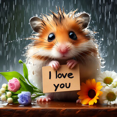 Ich liebe Dich - I love you. Ein verfrorener Hamster mit herzzerreißendem Blick bekundet seine Liebe zu dir. - obrazy, fototapety, plakaty