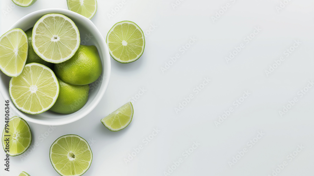 Sticker lime halves and slices in a bowl on a white table top view space on the right