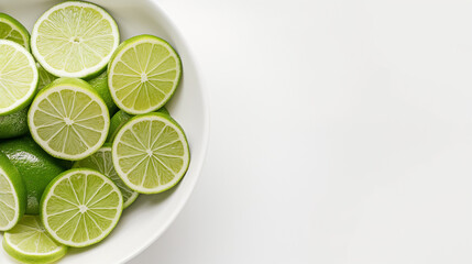 Lime halves and slices in a bowl on a white table aerial view space on the right