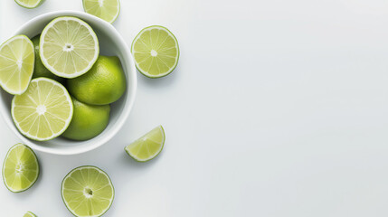 Lime halves and slices in a bowl on a white table aerial view space on the right