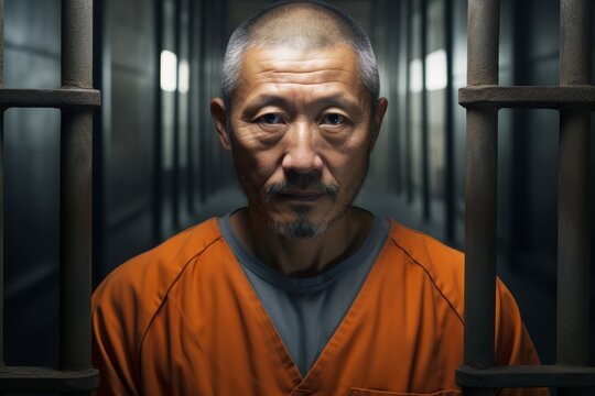 Portrait of a stoic Asian male prisoner, aged 50, exuding quiet strength and resilience in the face of incarceration