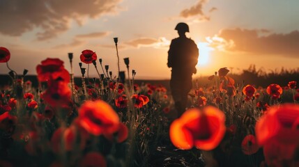 Military soldier in uniform in a poppy field