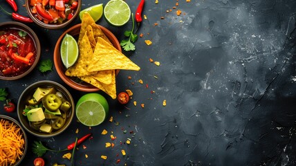 Assortment of Mexican food ingredients and snacks laid out on dark surface