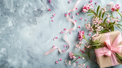 Pastel pink gift with ribbon and scattered flowers on marbled background