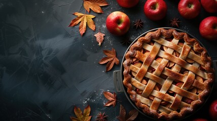 Fresh apple pie with lattice crust amidst autumn leaves on dark background