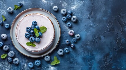 Plate with cheesecake topped blueberries and mint on textured blue background