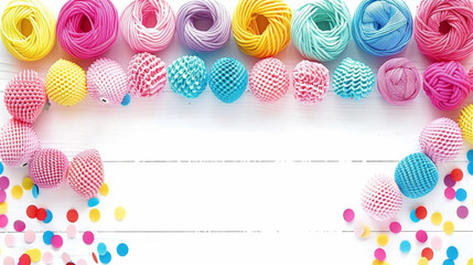 Fototapeta na wymiar A colorful assortment of yarn balls are arranged in a row on a white background. The balls come in a variety of colors, including pink, blue, yellow, and green. Concept of creativity and playfulness