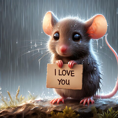 Ich liebe Dich - I love you. Mäuschen im Regen meint es ernst. - obrazy, fototapety, plakaty