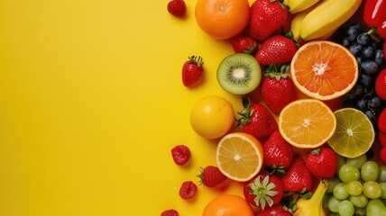 Naklejka na ściany i meble Assorted fresh fruits on vibrant yellow background