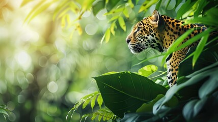Jaguar in its natural habitat, peeking through lush foliage under sunlight