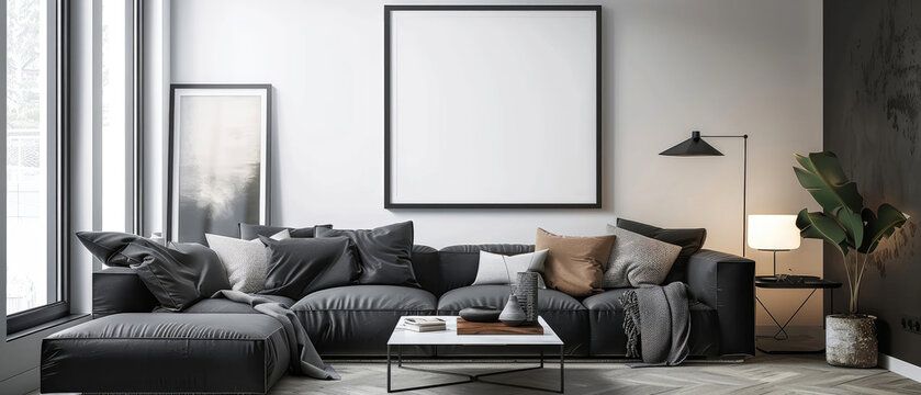 Modern style living room interior with furniture black sofa, minimalist table and empty framed pictures hanging on the white wall created with Generative AI Technology