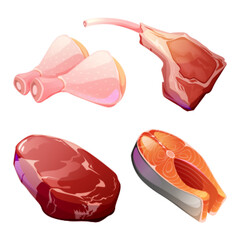 Meat and fish slices set isolated on white background. Vector cartoon illustration of raw beefsteak, chicken legs, lamb rack and piece of salmon, fresh ingredients for bbq party meal, picnic menu