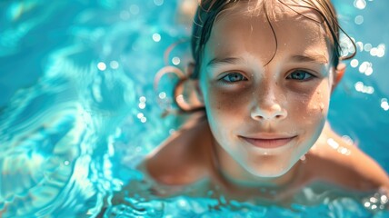 Child smiling in swimming pool, close-up on face, clear blue water