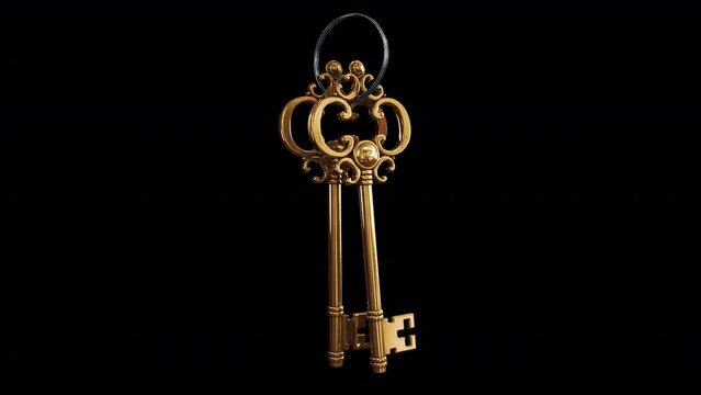 Fairy Golden Keys. 3D animation of a bunch of two magic keys swinging on a ring. Looped video with alpha channel.