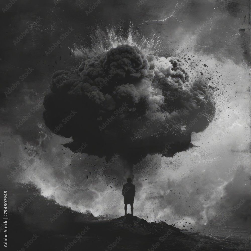 Canvas Prints A man stands in front of a large explosion, looking up at the sky