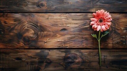 Photo taken from above. flower in a vase on the wooden table
