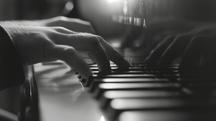 Close-up of fingers delicately dancing across piano keys, Black and White