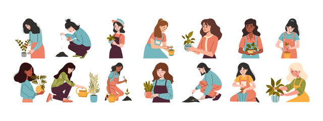 Set of happy women caring for plants. Urban gardening collection. Vector illustration.