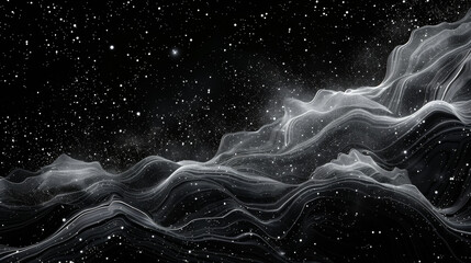 A black and white image of a galaxy with a lot of stars and a lot of white lines