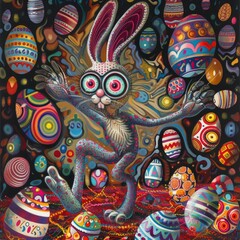 Fototapeta na wymiar A painting of a rabbit with a bunch of eggs around him