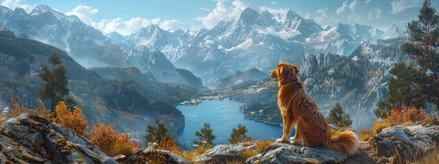 Adventurous dog leading the way on a mountain trail, tail wagging excitedly. Hyperdetailed. Photorealistic. HD. super detailed - obrazy, fototapety, plakaty