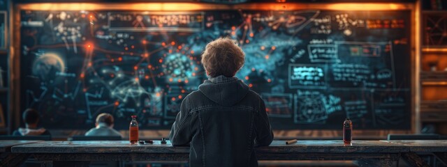 AI engineer teaching machine learning, interactive digital blackboard, engaged students. Hyperdetailed. Photorealistic. HD. super detailed