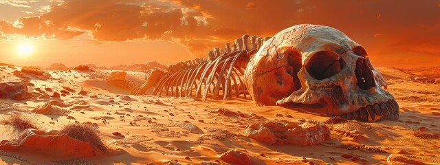 Ancient fossils being unearthed in desert dunes, clues to prehistoric climates. Hyperdetailed. Photorealistic. HD. super detailed - obrazy, fototapety, plakaty