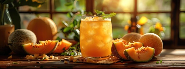 Cantaloupe juice, sweet and hydrating, served cold. Hyperdetailed. Photorealistic. HD. super detailed - obrazy, fototapety, plakaty