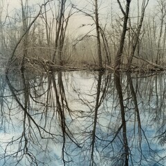 A painting of a forest with trees and water