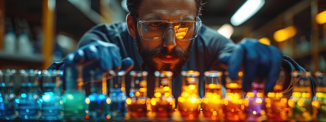 Chemist analyzing the colorimetric reaction in a set of test tubes. Hyperdetailed. Photorealistic. HD. super detailed - obrazy, fototapety, plakaty